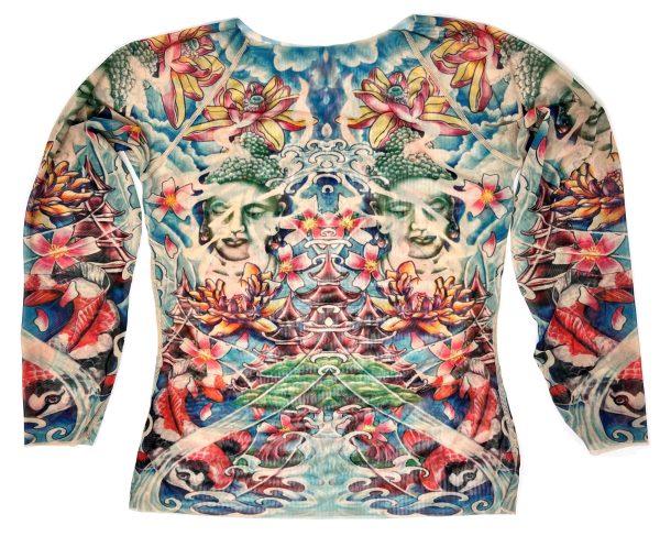 Ladies Prayer Buddha Yoga Meditation Lotus Koi Zen Blue Tattoo Mesh Shirt
