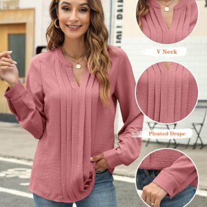 Women's Dressy Casual Blouses Business Work Tops Long Sleeve V Neck Pleated Shirts 2025 Fall Outfits