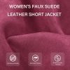 Women Faux Leather Suede Jacket Moto Biker Coat Sherpa-Lined Overcoat with Removable Belt