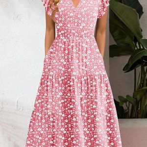 Womens Summer Casual Dresses Ruffle Sleeve V Neck Midi Dress Flowy Tiered Dress with Pockets Boho Sundresses