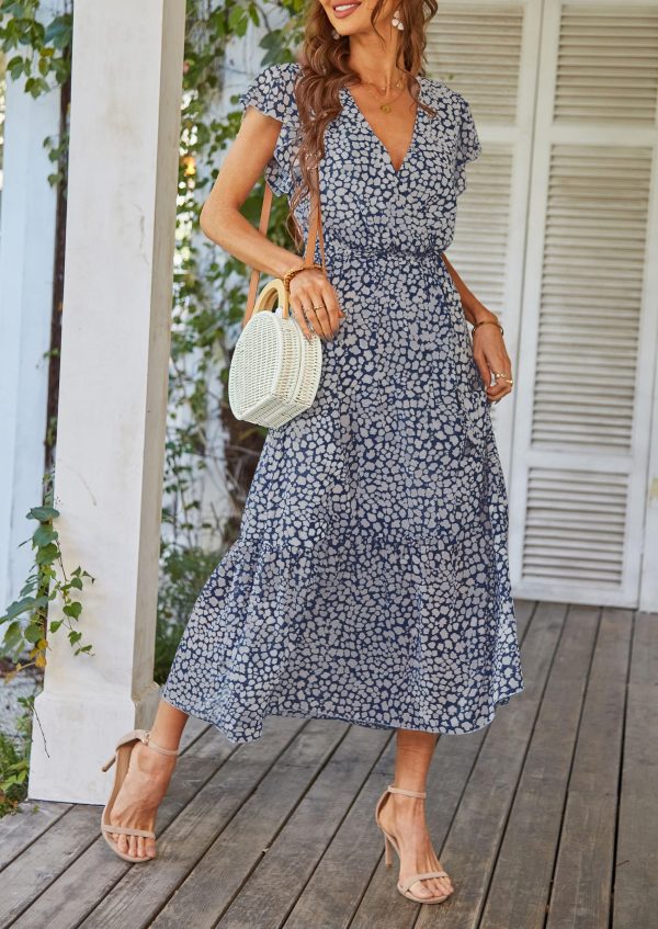 Women's Summer Floral Boho Maxi Dress Wrap Short Sleeve V Neck Ruffle A-Line Flowy Wedding Guest Long Dresses