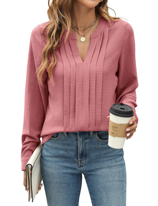 Women's Dressy Casual Blouses Business Work Tops Long Sleeve V Neck Pleated Shirts 2025 Fall Outfits
