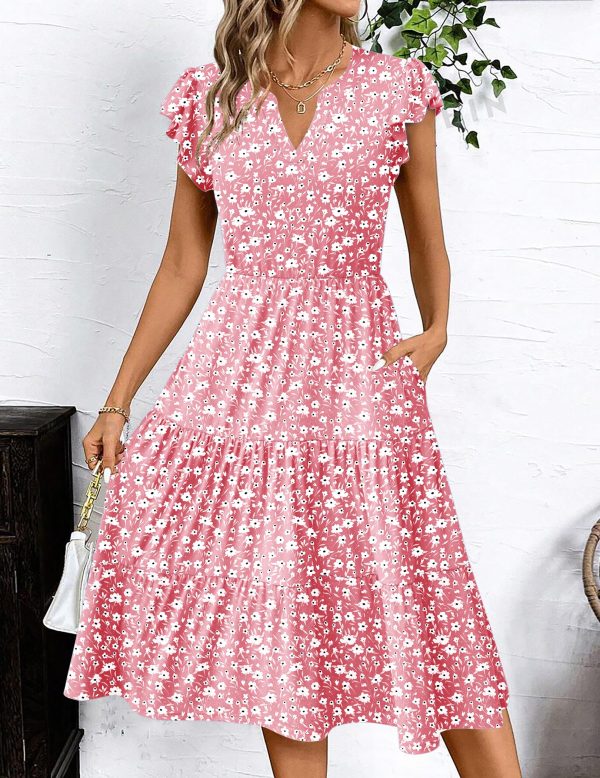 Womens Summer Casual Dresses Ruffle Sleeve V Neck Midi Dress Flowy Tiered Dress with Pockets Boho Sundresses