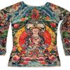 Ladies Prayer Buddha Yoga Meditation Lotus Koi Zen Blue Tattoo Mesh Shirt