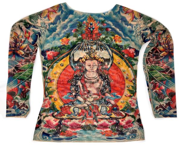 Ladies Prayer Buddha Yoga Meditation Lotus Koi Zen Blue Tattoo Mesh Shirt