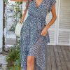 Women's Summer Floral Boho Maxi Dress Wrap Short Sleeve V Neck Ruffle A-Line Flowy Wedding Guest Long Dresses