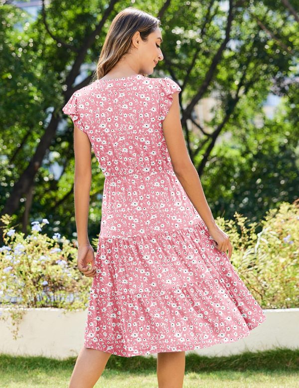 Womens Summer Casual Dresses Ruffle Sleeve V Neck Midi Dress Flowy Tiered Dress with Pockets Boho Sundresses
