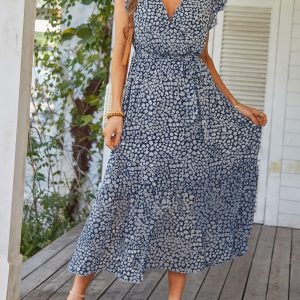 Women's Summer Floral Boho Maxi Dress Wrap Short Sleeve V Neck Ruffle A-Line Flowy Wedding Guest Long Dresses
