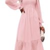 Women's Fall Dresses 2025 Long Sleeve V Neck Swiss Dot Empire Waist Chiffon Dress Ruffle Smocked Midi Dresses