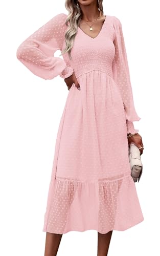 Women's Fall Dresses 2025 Long Sleeve V Neck Swiss Dot Empire Waist Chiffon Dress Ruffle Smocked Midi Dresses