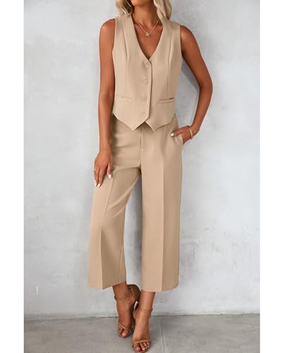 Pant Suits for Women Dressy Casual 2 Piece Sets Sleeveless Blazer Vest with Wide Leg Capri Pants Work Outfit