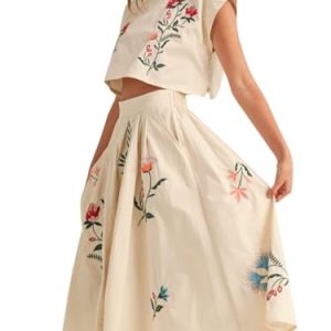 Women Floral Embroidery Dress Sleeveless 2 Piece Tank Top and Skirt Loose Fit Boho Dress