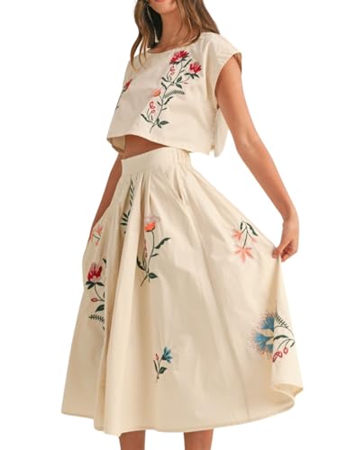 Women Floral Embroidery Dress Sleeveless 2 Piece Tank Top and Skirt Loose Fit Boho Dress