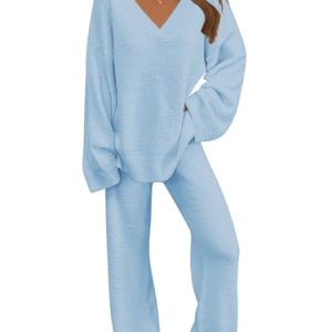 Women's 2 Piece Outfits Fuzzy Fleece Pajama Set Long Sleeve Top Wide Leg Pants Loungewear