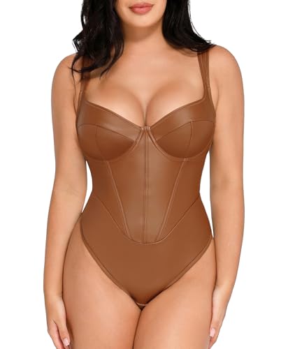 Leather Corset Bodysuit for Women Tummy Control V Neck Thong Shapewear Sleeveless Body Suit Trendy Tops