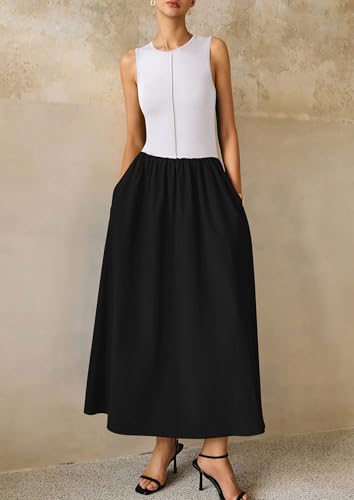 Maxi Dresses for Women Summer 2025 Casual Sleeveless Patchwork Flowy Vacation Beach Sundress Knit Tank Dress