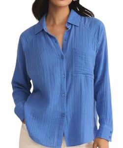 Women's Perfect Airy Gauze Button Up, Long Sleeve, Bay Blue