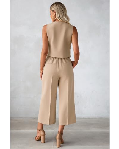 Pant Suits for Women Dressy Casual 2 Piece Sets Sleeveless Blazer Vest with Wide Leg Capri Pants Work Outfit