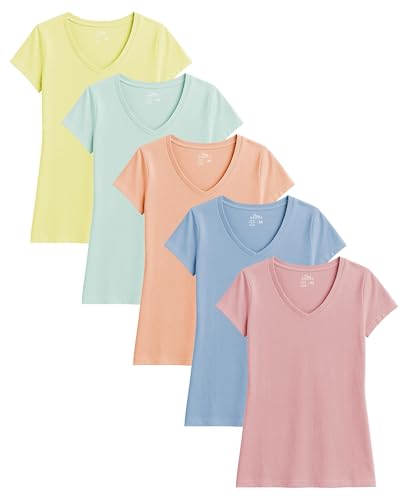 31aOIGK3yL.jpg Women's 5 & 10 Pack Casual & Active Cotton Stretch V Neck Short Sleeve Shirts
