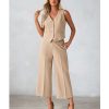 Pant Suits for Women Dressy Casual 2 Piece Sets Sleeveless Blazer Vest with Wide Leg Capri Pants Work Outfit