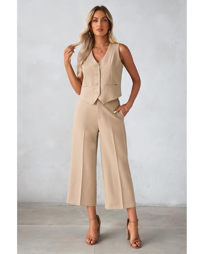 Pant Suits for Women Dressy Casual 2 Piece Sets Sleeveless Blazer Vest with Wide Leg Capri Pants Work Outfit
