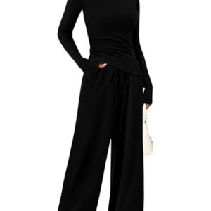 Women's 2 Piece Lounge Sets Asymmetrical Long Sleeve T Shirt Wide Leg Pants Casual Outfits Tracksuit