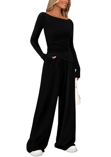 Women's 2 Piece Lounge Sets Asymmetrical Long Sleeve T Shirt Wide Leg Pants Casual Outfits Tracksuit