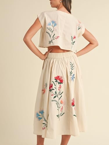 Women Floral Embroidery Dress Sleeveless 2 Piece Tank Top and Skirt Loose Fit Boho Dress