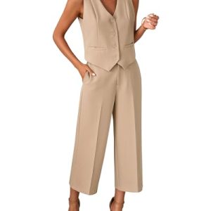 Pant Suits for Women Dressy Casual 2 Piece Sets Sleeveless Blazer Vest with Wide Leg Capri Pants Work Outfit