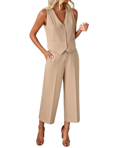 Pant Suits for Women Dressy Casual 2 Piece Sets Sleeveless Blazer Vest with Wide Leg Capri Pants Work Outfit