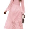 Women's Fall Dresses 2025 Long Sleeve V Neck Swiss Dot Empire Waist Chiffon Dress Ruffle Smocked Midi Dresses