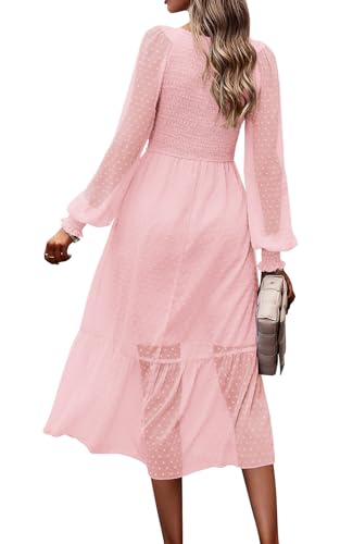 Women's Fall Dresses 2025 Long Sleeve V Neck Swiss Dot Empire Waist Chiffon Dress Ruffle Smocked Midi Dresses