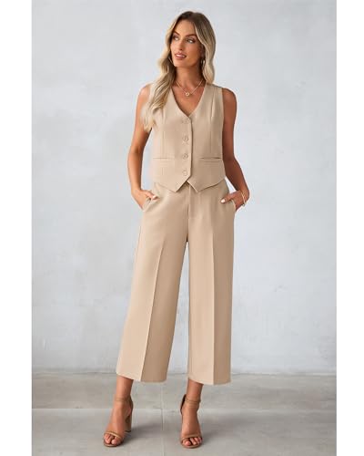 Pant Suits for Women Dressy Casual 2 Piece Sets Sleeveless Blazer Vest with Wide Leg Capri Pants Work Outfit