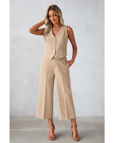Pant Suits for Women Dressy Casual 2 Piece Sets Sleeveless Blazer Vest with Wide Leg Capri Pants Work Outfit