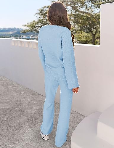 411lZKHD3sL.jpg Women's 2 Piece Outfits Fuzzy Fleece Pajama Set Long Sleeve Top Wide Leg Pants Loungewear
