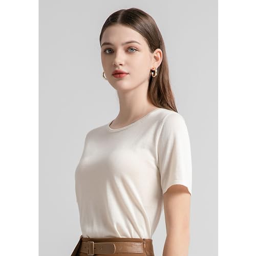 412Sgja5stL.jpg Women's Silk Cashmere Round Neck T-Shirt Stretchy Basic Tee Summer Tops for Women