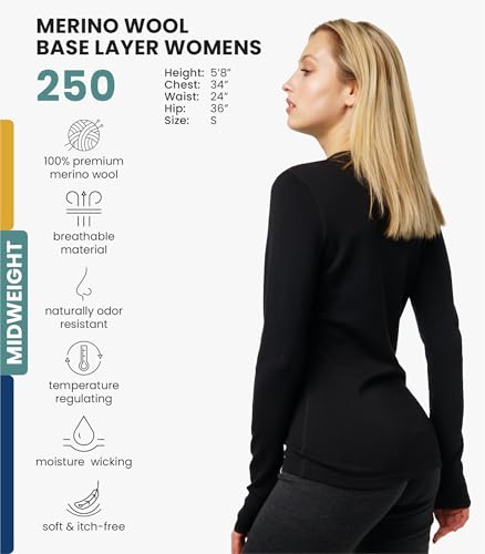 Merino Wool Base Layer Women - 100% Merino Wool Heavyweight, Midweight, Lite Long Sleeve Thermal Shirt and Socks