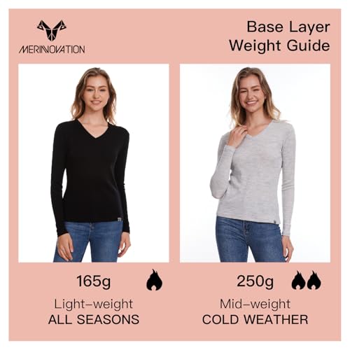 Merino Wool Base Layer Women 100% Merino Wool Long Sleeve Thermal Shirts for Women for Skiing Hiking Womens V Neck Top