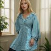 2025 Summer 3/4 Bell Sleeve V Neck Embellishment Bohemian Tops - Sequin Beaded Flared Vintage Women's Blouses