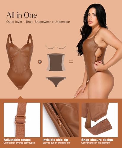 Leather Corset Bodysuit for Women Tummy Control V Neck Thong Shapewear Sleeveless Body Suit Trendy Tops