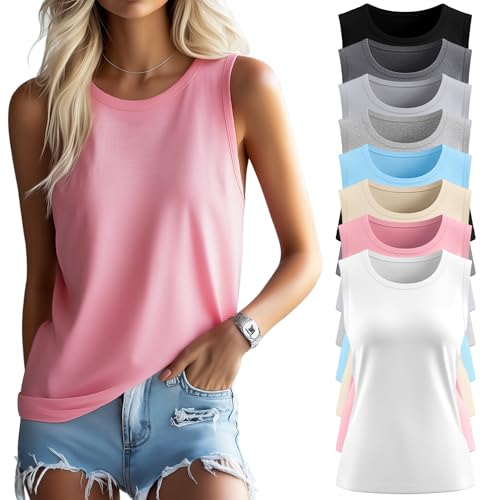 8 Pack Women’s Sleeveless Tops, Crew Neck Loose Fit Tank Tops Basic Summer Cotton Shirts Casual 2025 Fashion T Shirts