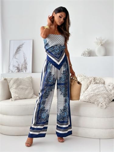 Womens Paisley Print 2 Piece Outfits Sleeveless Cami Top Going Out Wide Leg Pants Boho Summer Beach Vacation Set