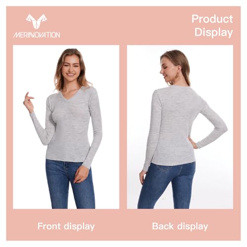 Merino Wool Base Layer Women 100% Merino Wool Long Sleeve Thermal Shirts for Women for Skiing Hiking Womens V Neck Top