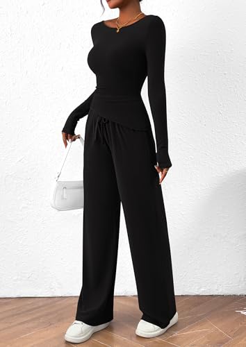 Women's 2 Piece Lounge Sets Asymmetrical Long Sleeve T Shirt Wide Leg Pants Casual Outfits Tracksuit