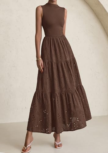 Summer Dresses for Women 2025 Casual Eyelet Sleeveless Wedding Guest Maxi Dress Tank Top Sundress with Pockets