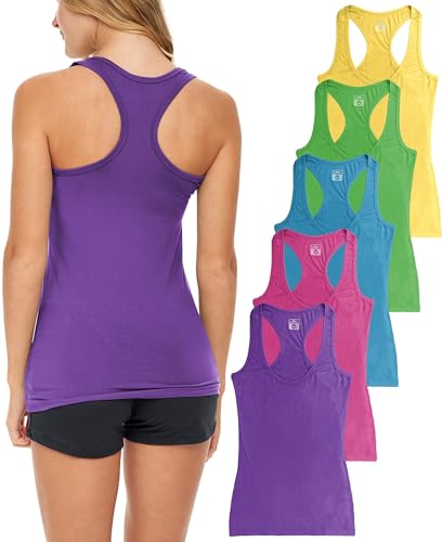 Women's 5 Pack Racerback PowerFlex Tank Tops/Cotton -Spandex Stretch Color Tank Tops