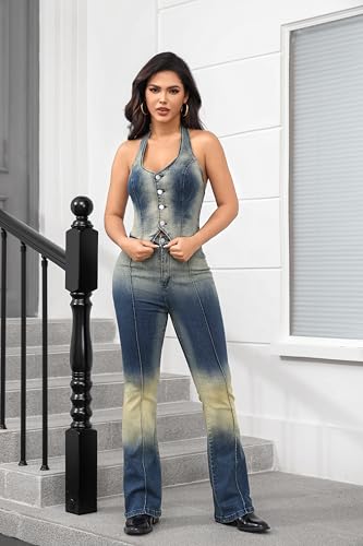 Women’s Denim Set Vintage Denim Stretch Halter Top and Flare Jeans Outfits Summer Two Piece Outfits Dressy Pants Suits
