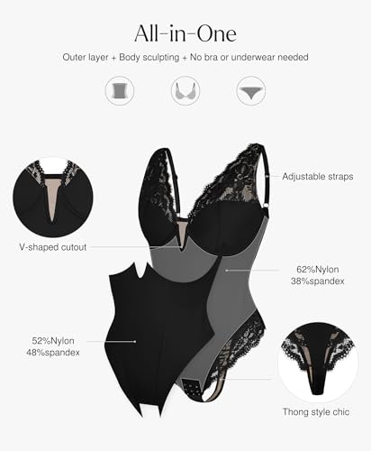 Lace Body Suits Women Deep V Neck Tummy Control Thong Shapewear Bodysuit Going Out Corset Tops