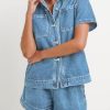 41DRdK57GvL.jpg Summer Denim Set for Women 2 piece Casual Short Sleeve Boxy Shirt Tops and Shorts Pants Lounge Sets Outfits