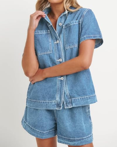 41DRdK57GvL.jpg Summer Denim Set for Women 2 piece Casual Short Sleeve Boxy Shirt Tops and Shorts Pants Lounge Sets Outfits